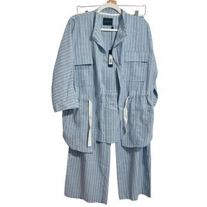 BOBI BLACK Blue & White Drawstring Waist Jacket w/Matching Pants Women Sz Small